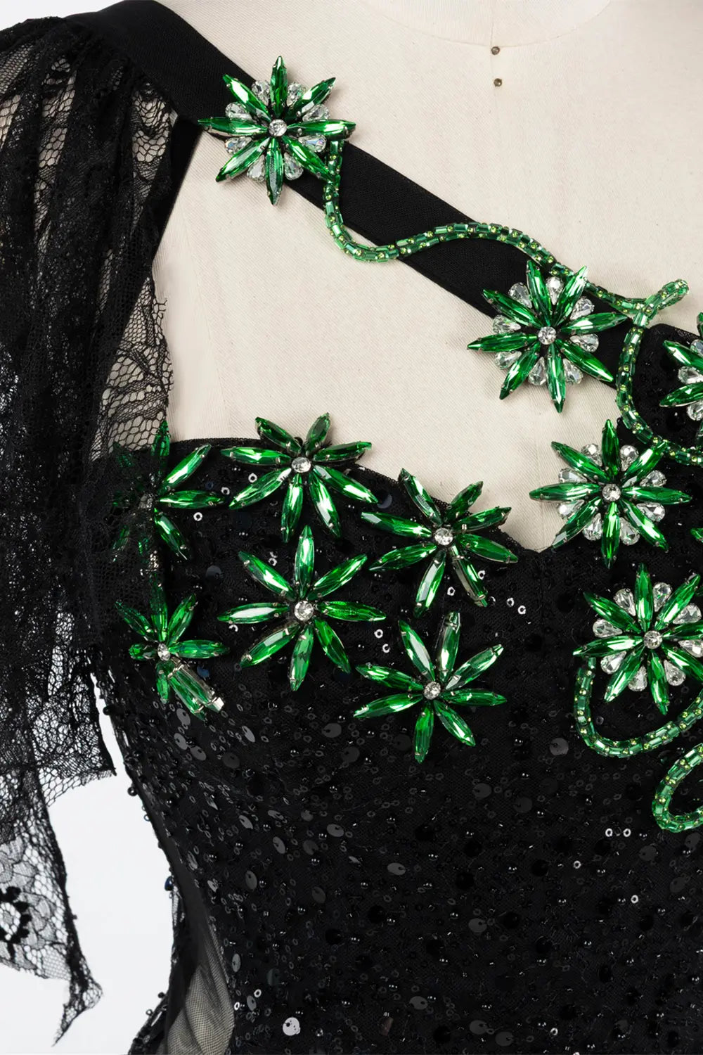 Black One Shoulder Sequin Evening Gown with Green Floral Detail ST048 Sheer Fairy