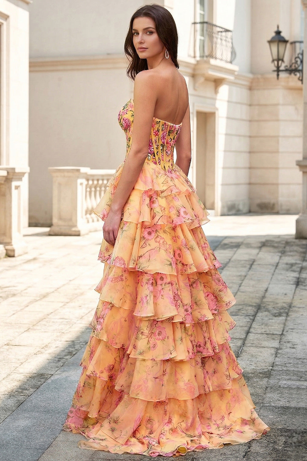 Elegant Yellow Floral Strapless Prom Dress SH738 Sheer Fairy