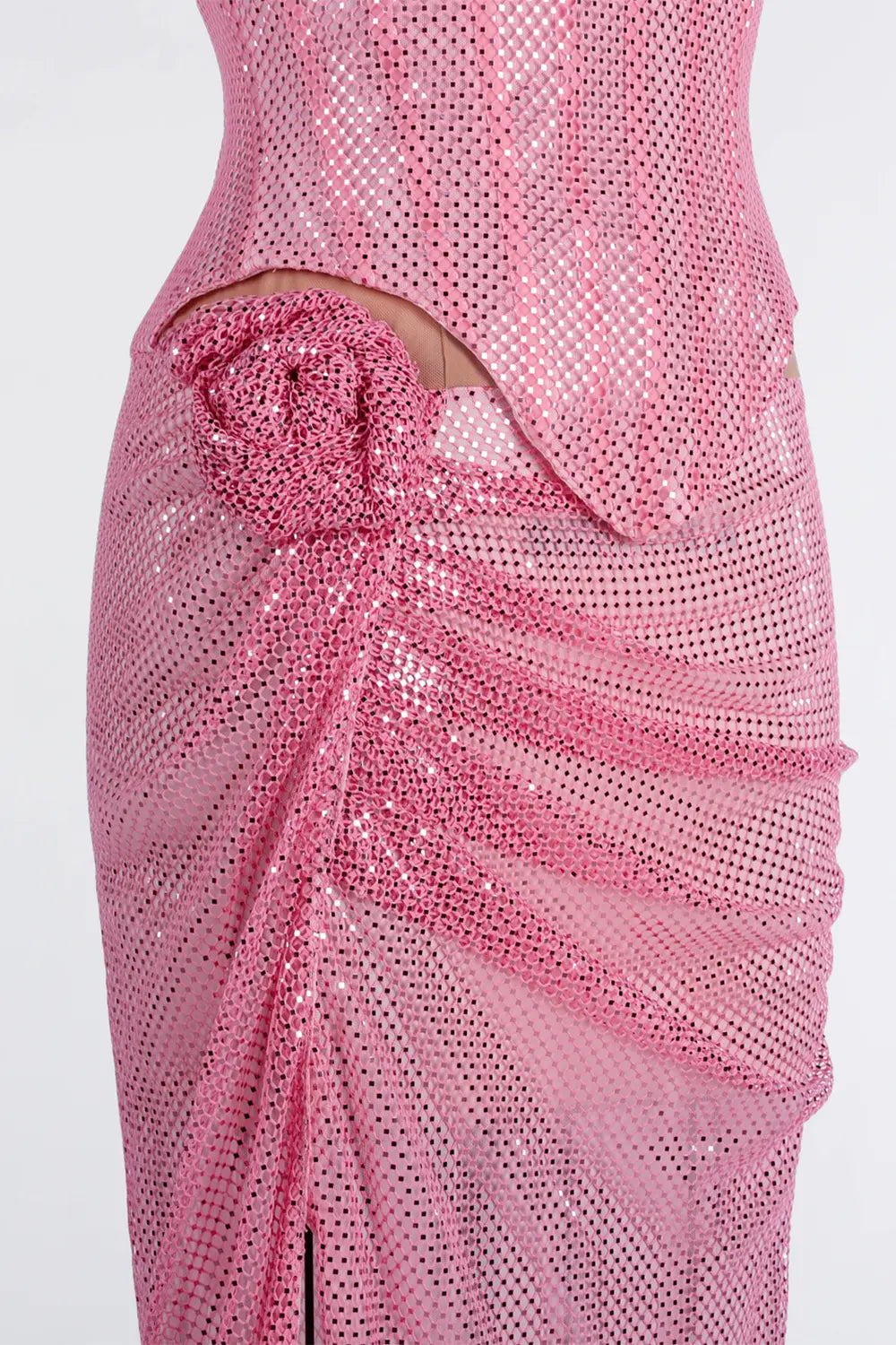 Pink Sequin Halter Corset High Slit Maxi Evening Dress ST036 Sheer Fairy