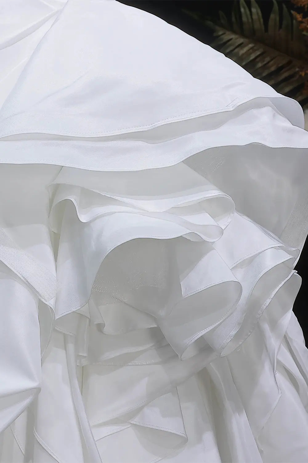 White Strapless Cascading Ruffle Satin Ball Gown Wedding Dress SW628 Sheer Fairy