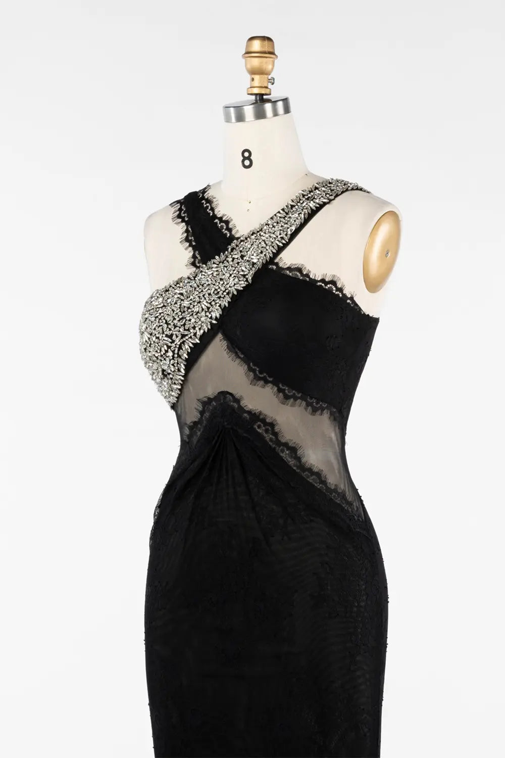 Black Asymmetrical Crystal Strap Sheer Lace Evening Gown ST045 Sheer Fairy