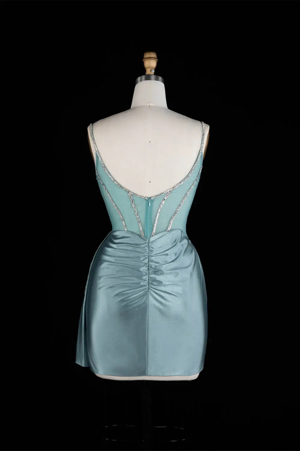 Turquoise Satin Spaghetti Strap Sheath Mini Homecoming Dress RM174 Sheer Fairy