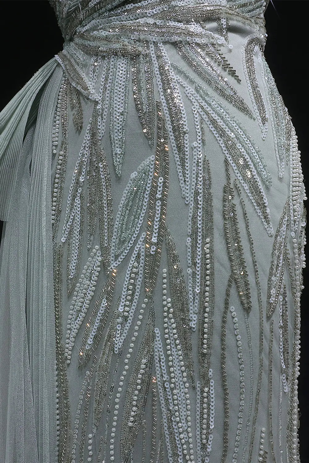 Sage Green One-Shoulder Beaded Tulle Mermaid Prom Dress Evening Gown with Ruffle SH064 Sheer Fairy