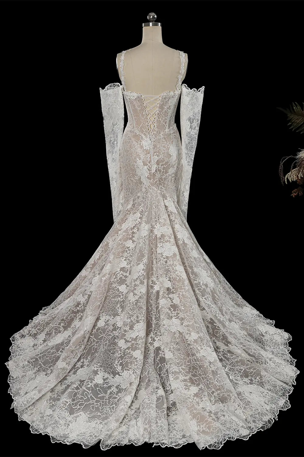 White Lace Mermaid Wedding Dress Long Sleeves Corset SW750 Sheer Fairy