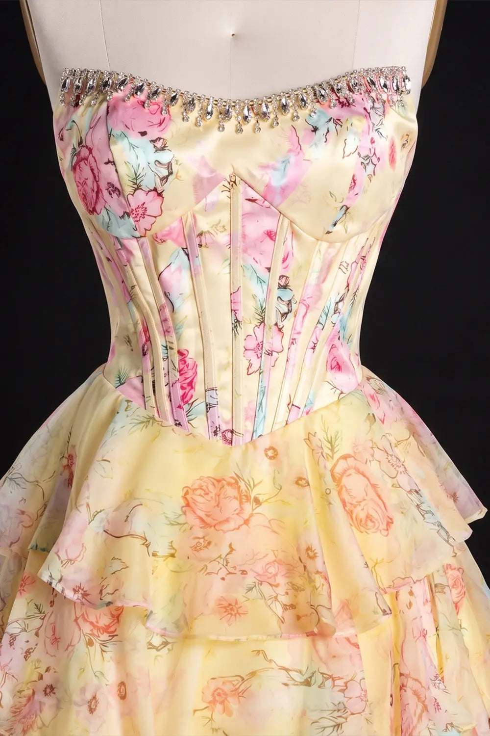 Yellow Floral Beaded Strapless Mini Dress RM197 Sheer Fairy