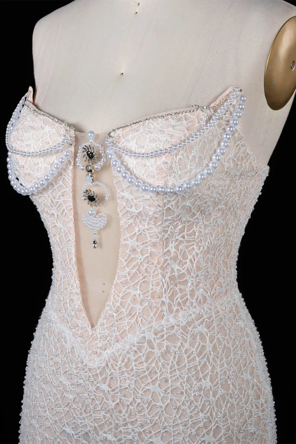 White Pearl Beaded Strapless Evening Dress ST102 Sheer Fairy