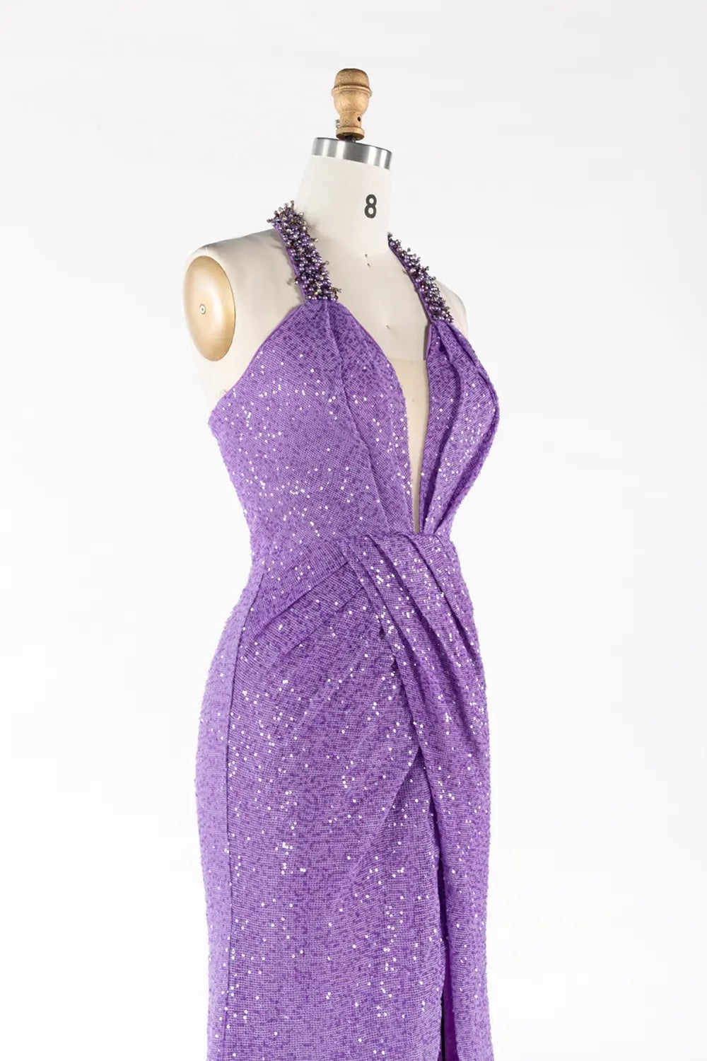 Purple Beaded Halter Neck Sequin High Slit Evening Gown ST056 Sheer Fairy