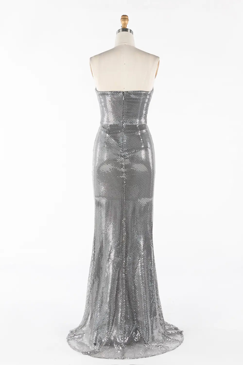 Silver Strapless Ruched Sequin Slit Formal Evening Dress ST058 Sheer Fairy