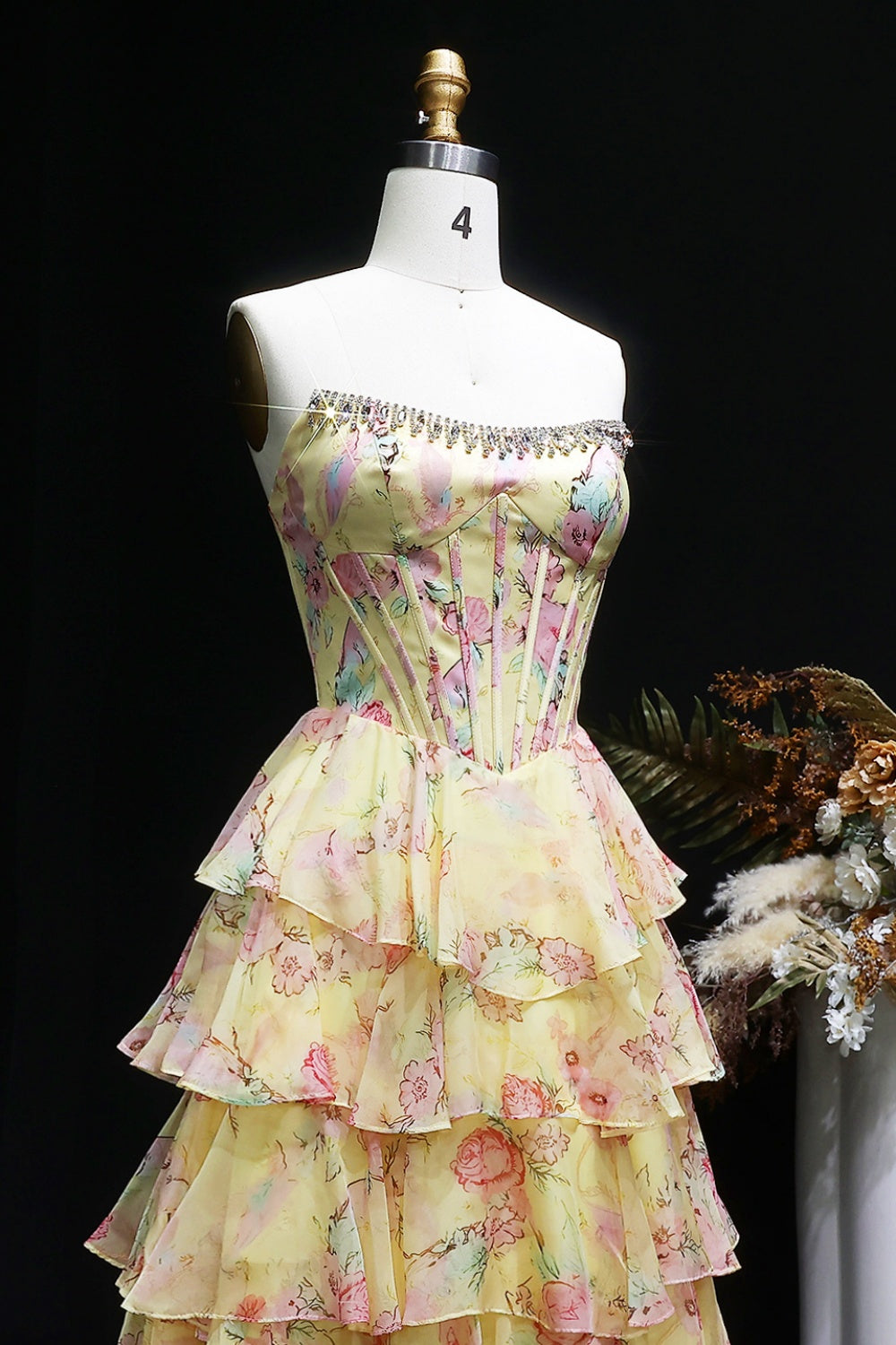 Organza Yellow Floral Strapless Ball Gown Prom Dress SH401 Sheer Fairy