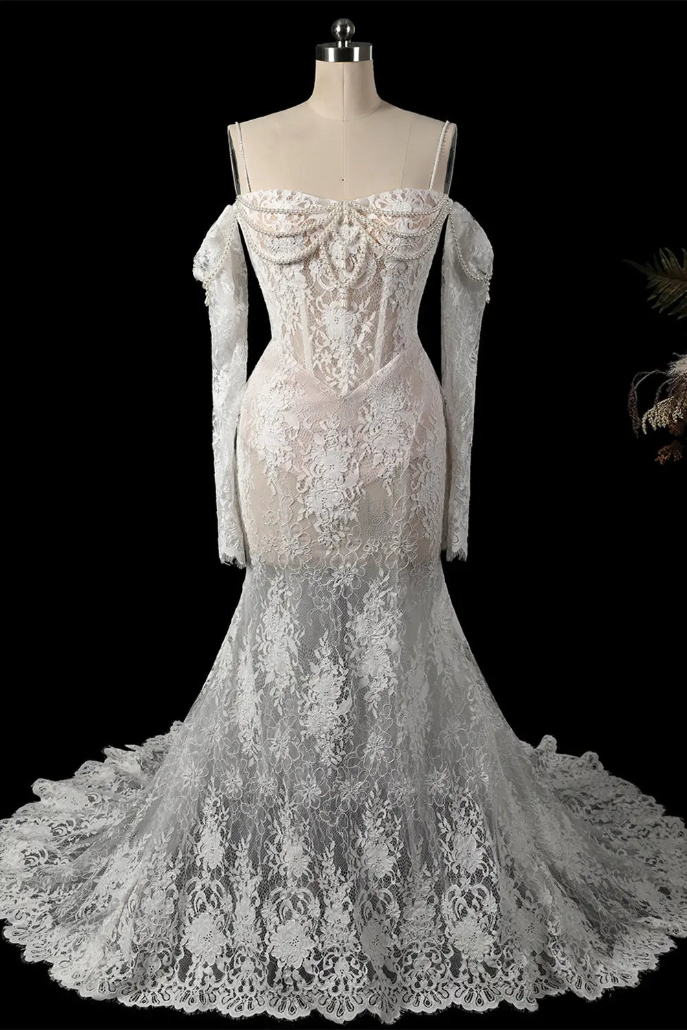 White Beaded Lace Mermaid Wedding Dress SW756 Sheer Fairy