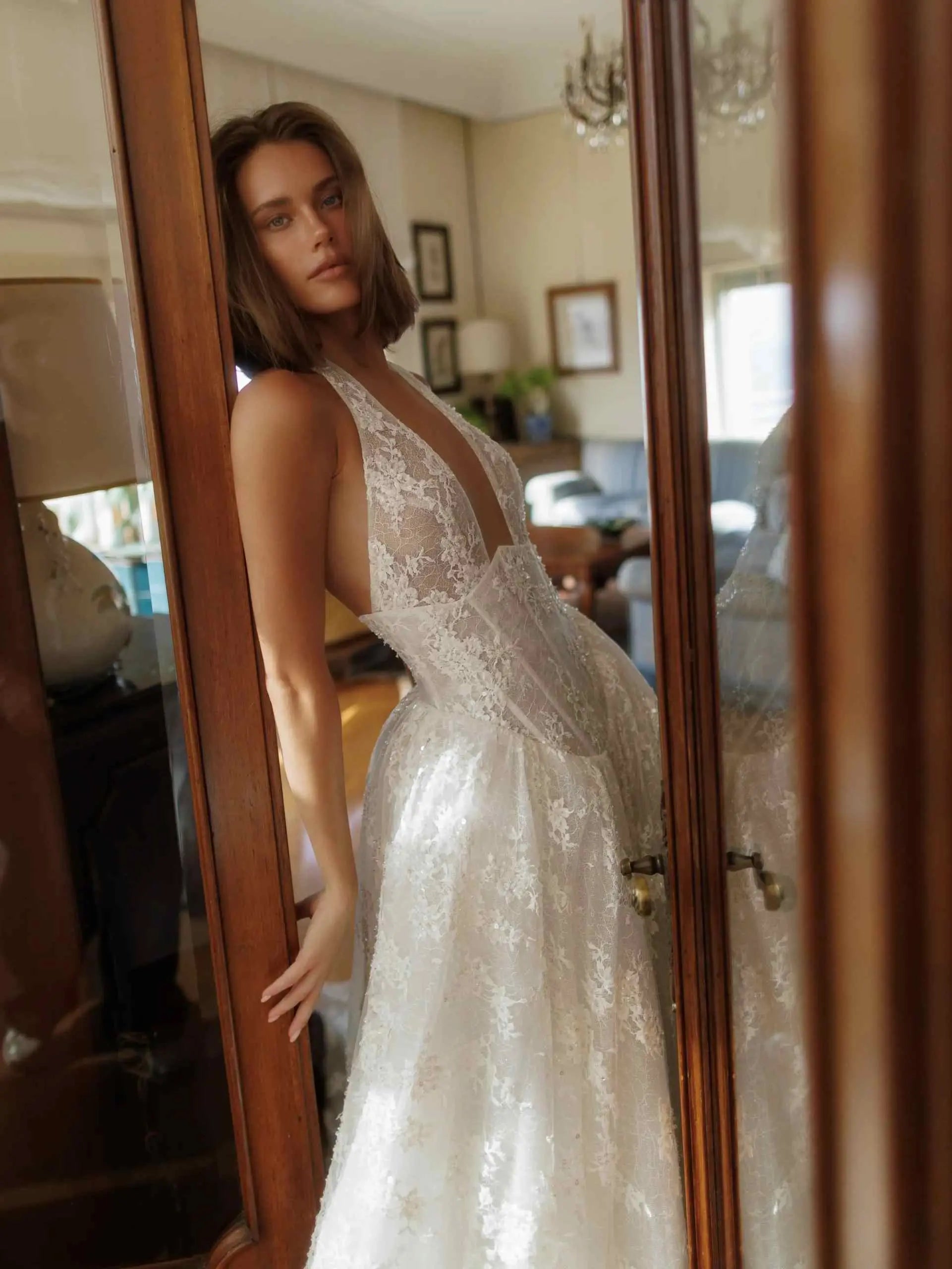 Halter Plunge V Neck Lace Ball Gown Wedding Dress SW185 Sheer Fairy