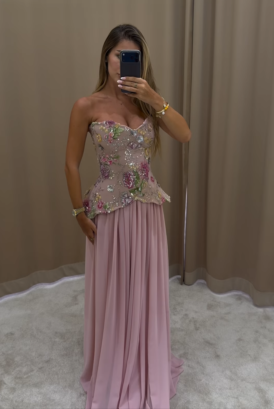 Pink Strapless Evening Dress with Floral Beaded Bodice & Chiffon Cape Scarf SS480 Sheer Fairy
