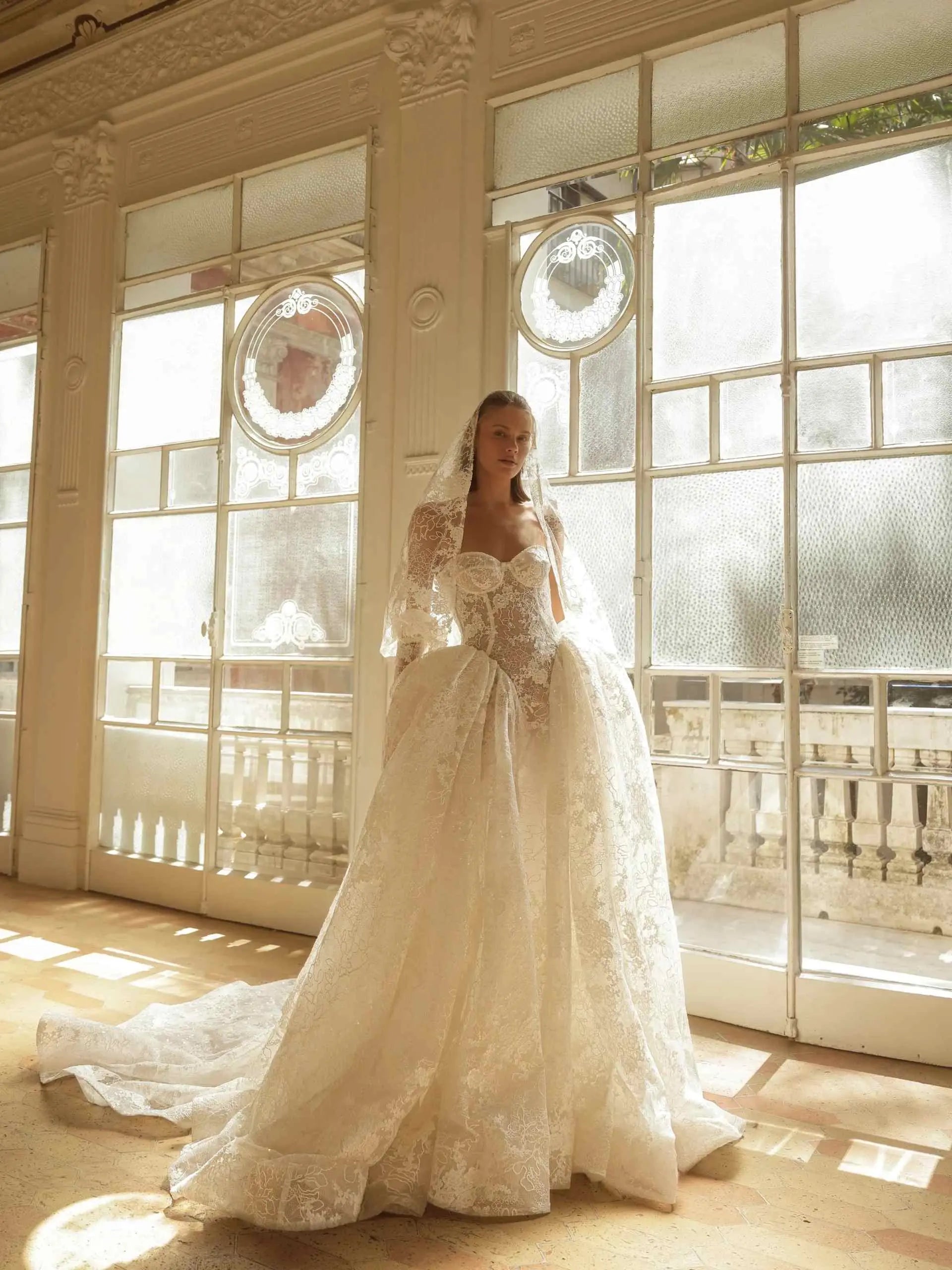 Long Puffed Sleeve Lace Ball Gown Wedding Dress SW184 Sheer Fairy