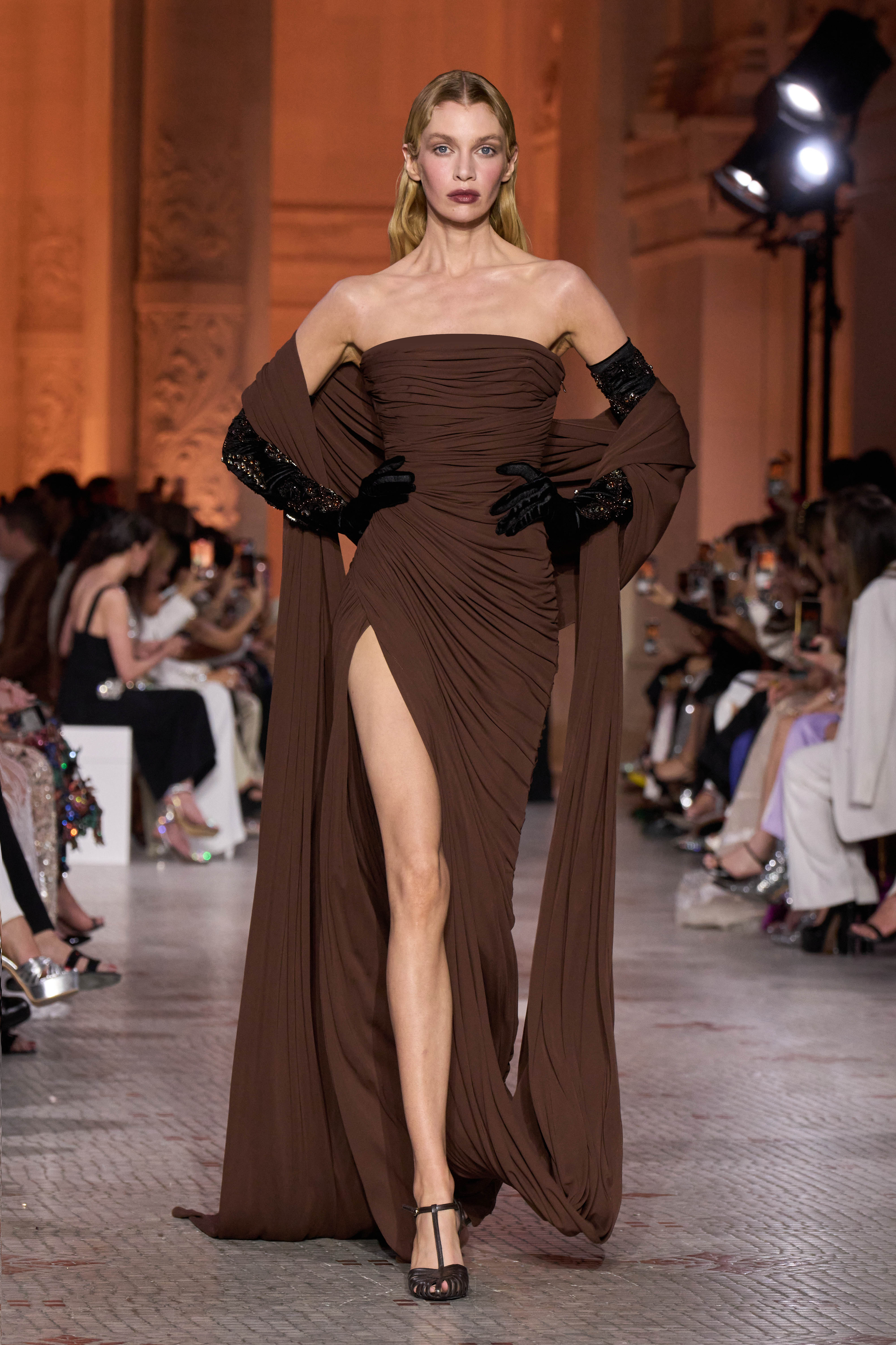 Chocolate Satin Strapless Sheath Evening Dress with Long Cape Sleeve SF147