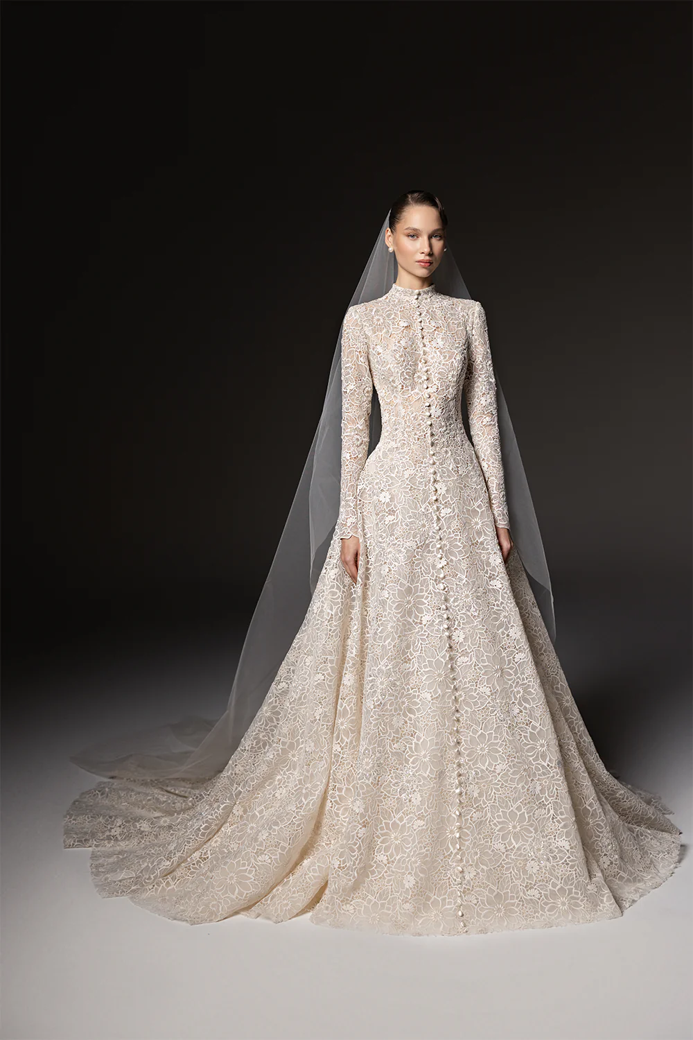 High Neck Long Sleeve Lace A-Line Wedding Dress with Pearl Buttons SW669 Sheer Fairy