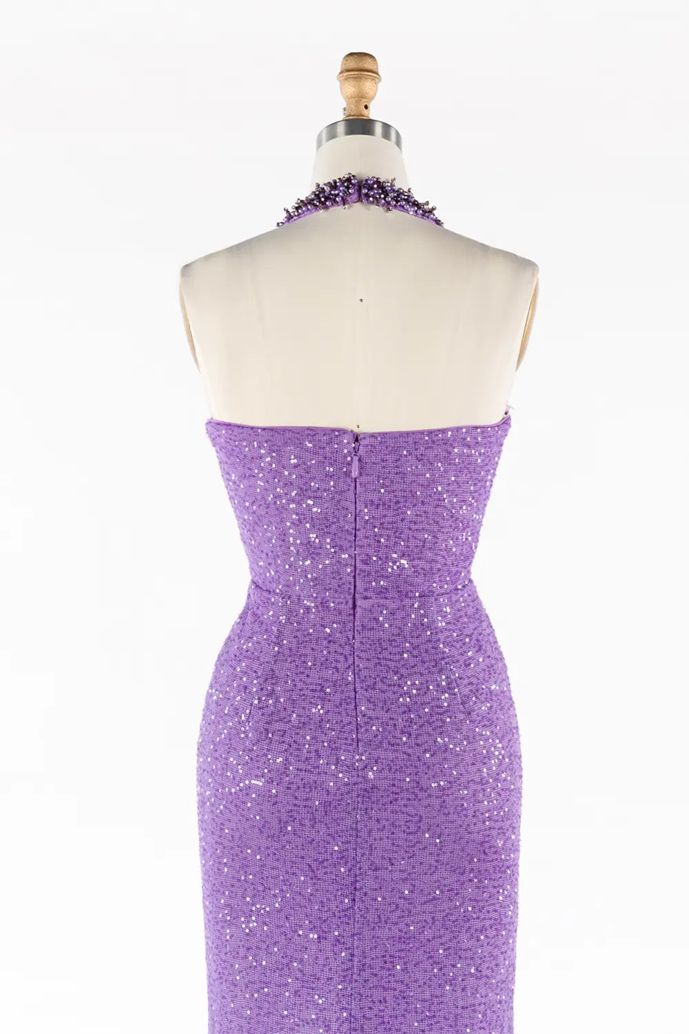 Purple Beaded Halter Neck Sequin High Slit Evening Gown ST056 Sheer Fairy