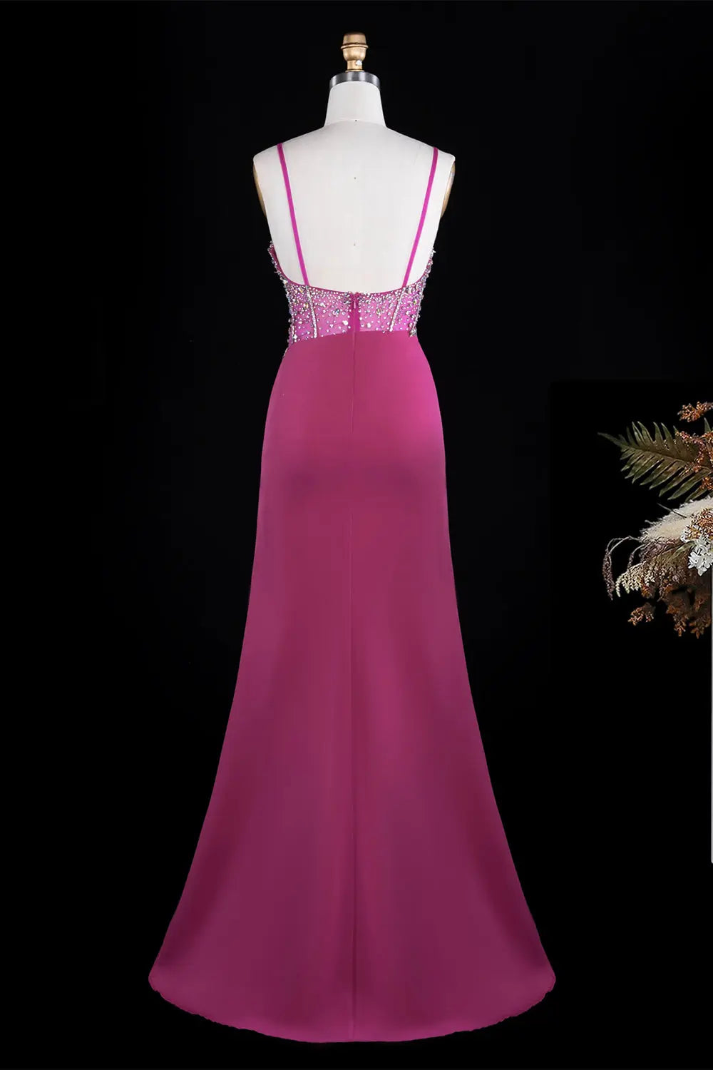 Fuchsia Beaded Spaghetti Strap Prom Dress SH261 Sheer Fairy