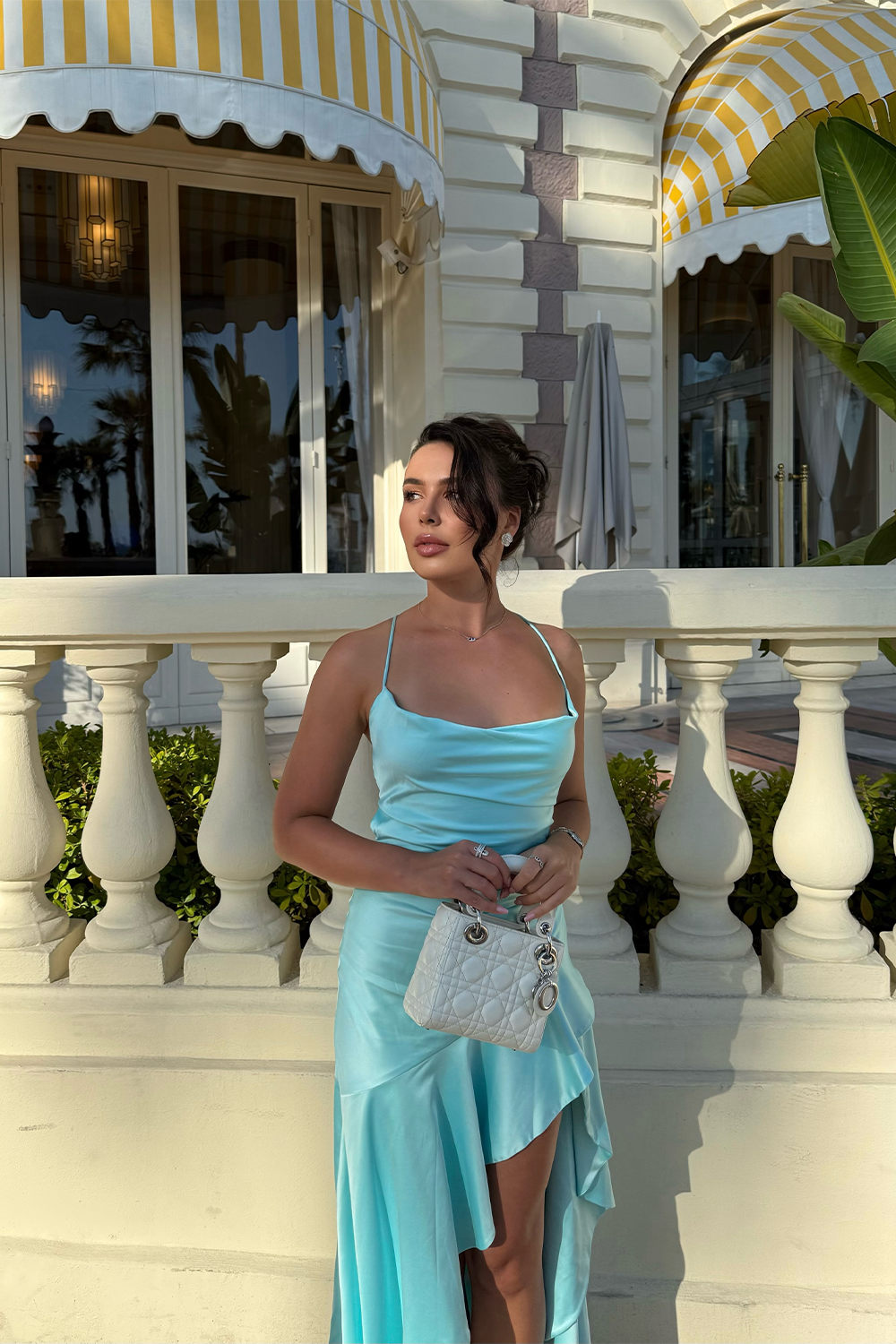 Aqua Blue Satin Backless Evening Dress Cowl Neck Asymmetric High Slit Prom Gown RM257 Sheer Fairy