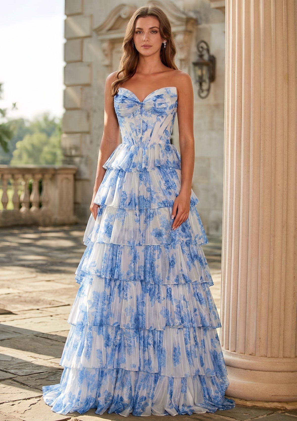 Elegant White Blue Floral Chiffon Sexy Backless Long Prom Dress SH708（副本） Sheer Fairy