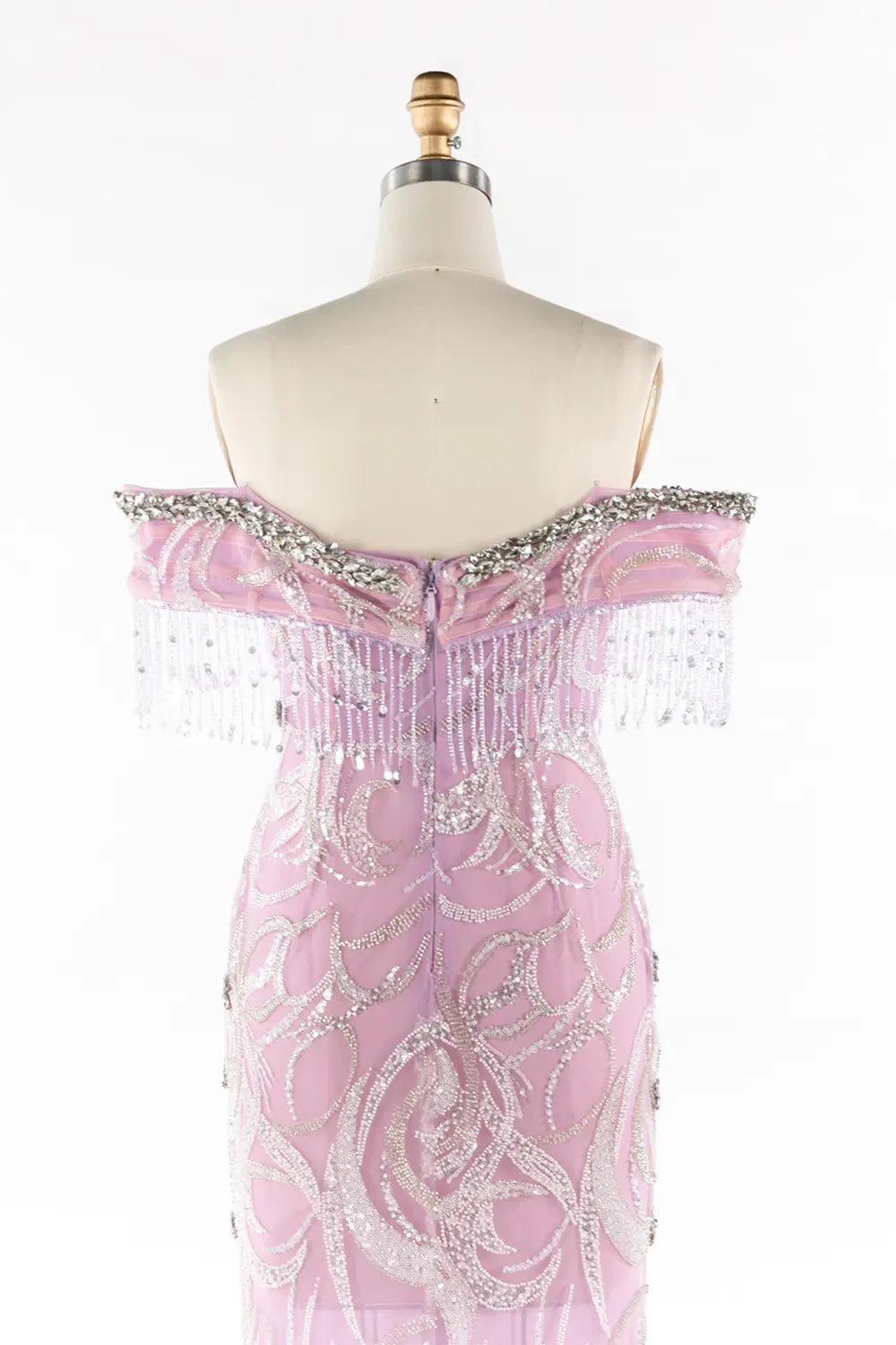 Lilac Off The Shoulder Beaded Fringe Formal Evening Dress ST053 Sheer Fairy