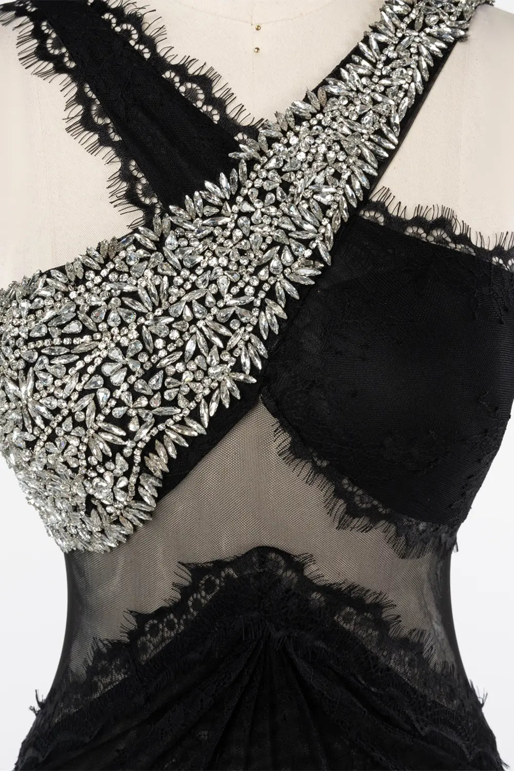 Black Asymmetrical Crystal Strap Sheer Lace Evening Gown ST045 Sheer Fairy