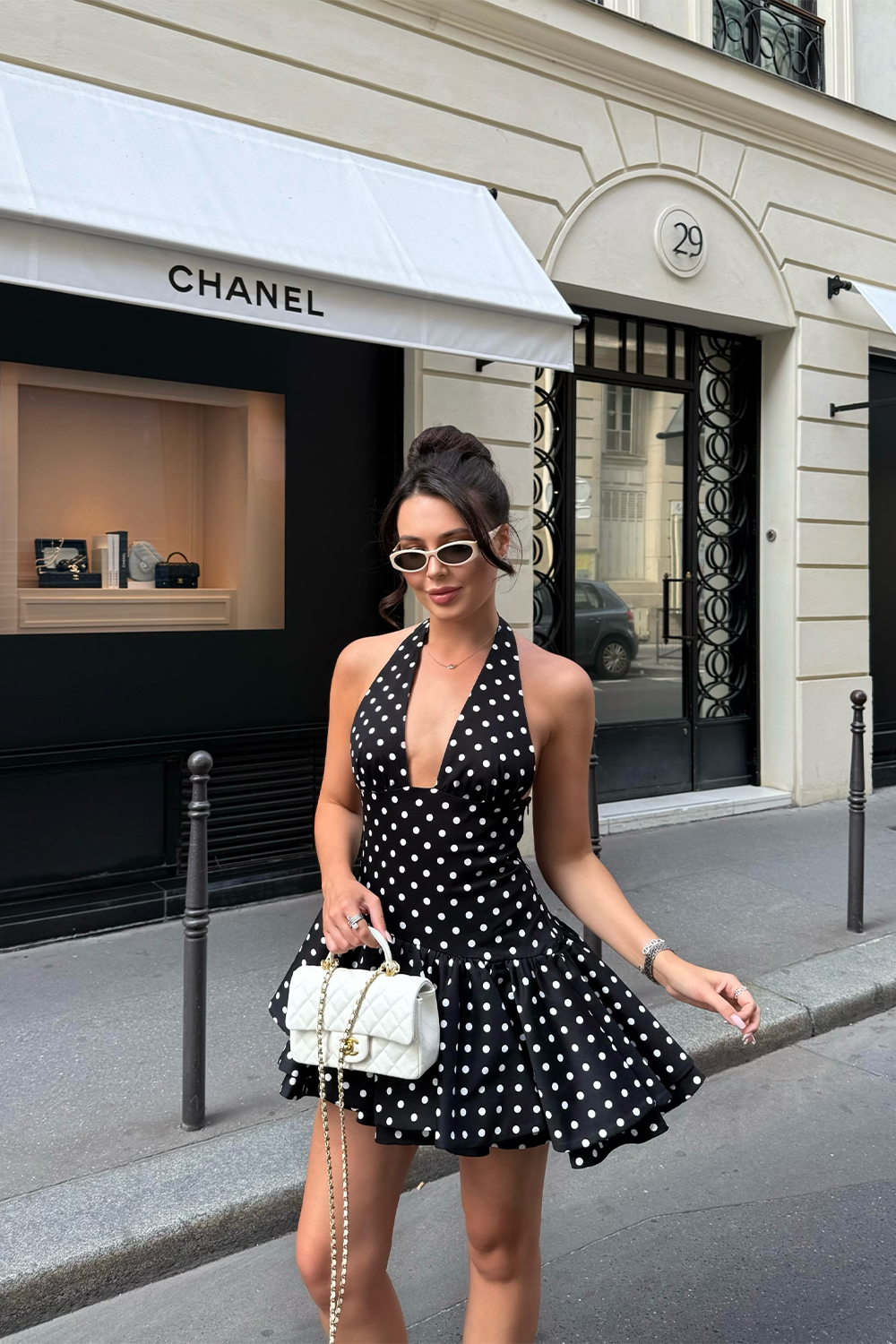 Black and White Polka Dot Halter Mini Dress Plunging V Neck Bubble Hem Party Dress RM253 Sheer Fairy