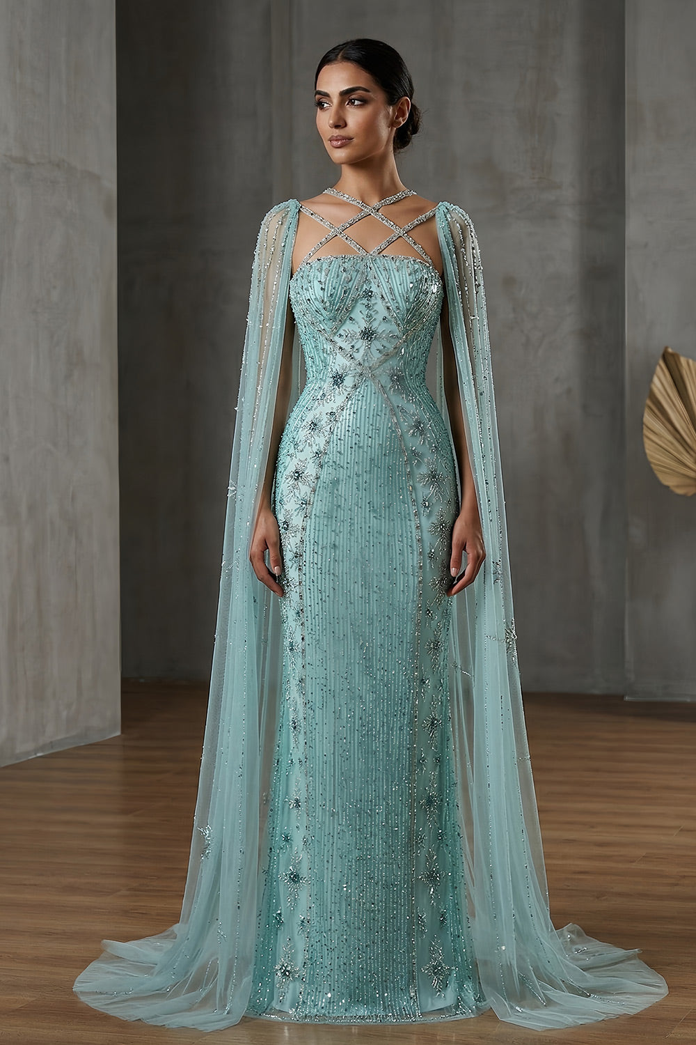 Luxury Lavender Beaded Mermaid Evening Gown with Detachable Cape Sleeves SS391 Sheer Fairy