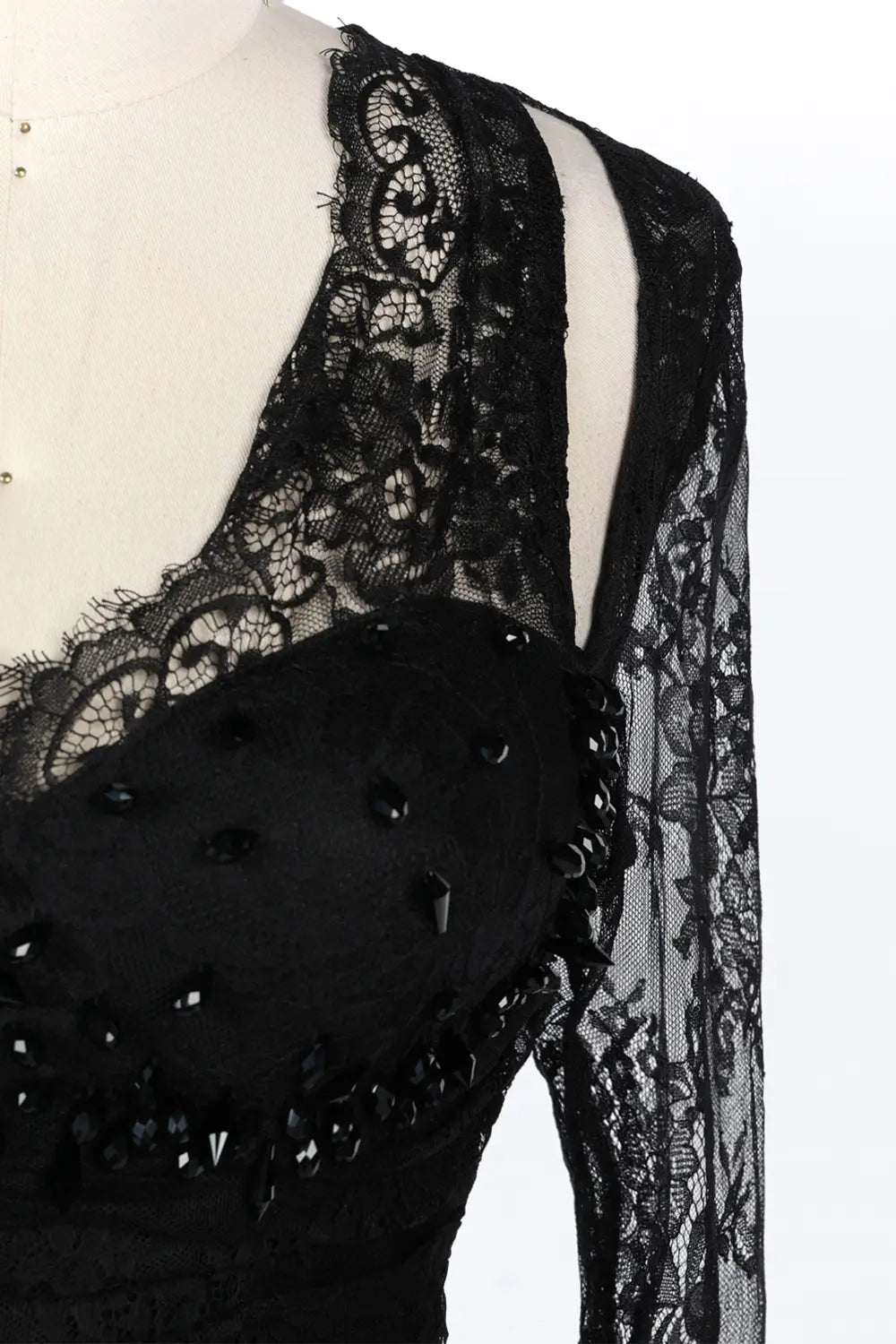 Black Beaded Lace Sleeve Mermaid Evening Dress ST093 Sheer Fairy