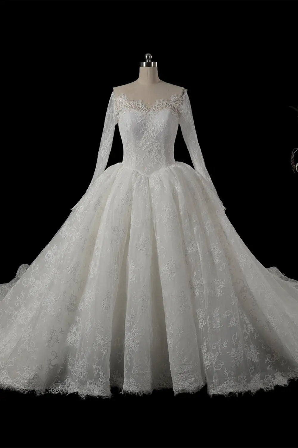 White Long Sleeve Lace Ball Gown Wedding Dress SW754 Sheer Fairy