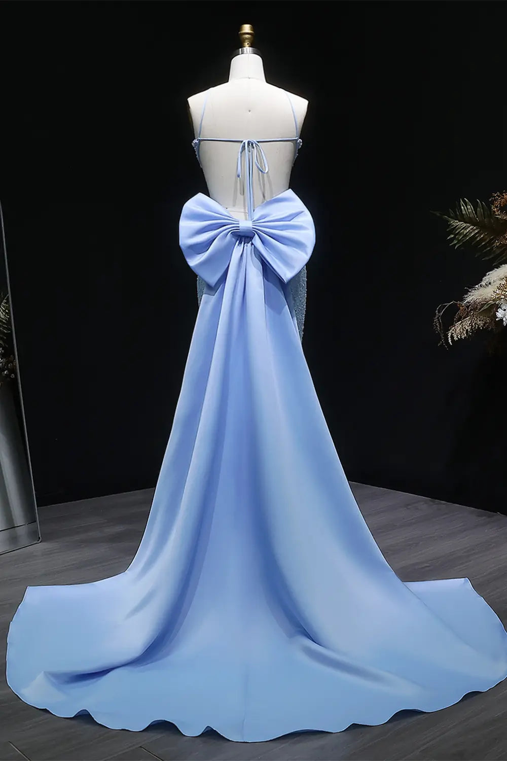 Blue Beaded Mermaid Prom Gown with Crisscross Straps and Train SH066 Sheer Fairy