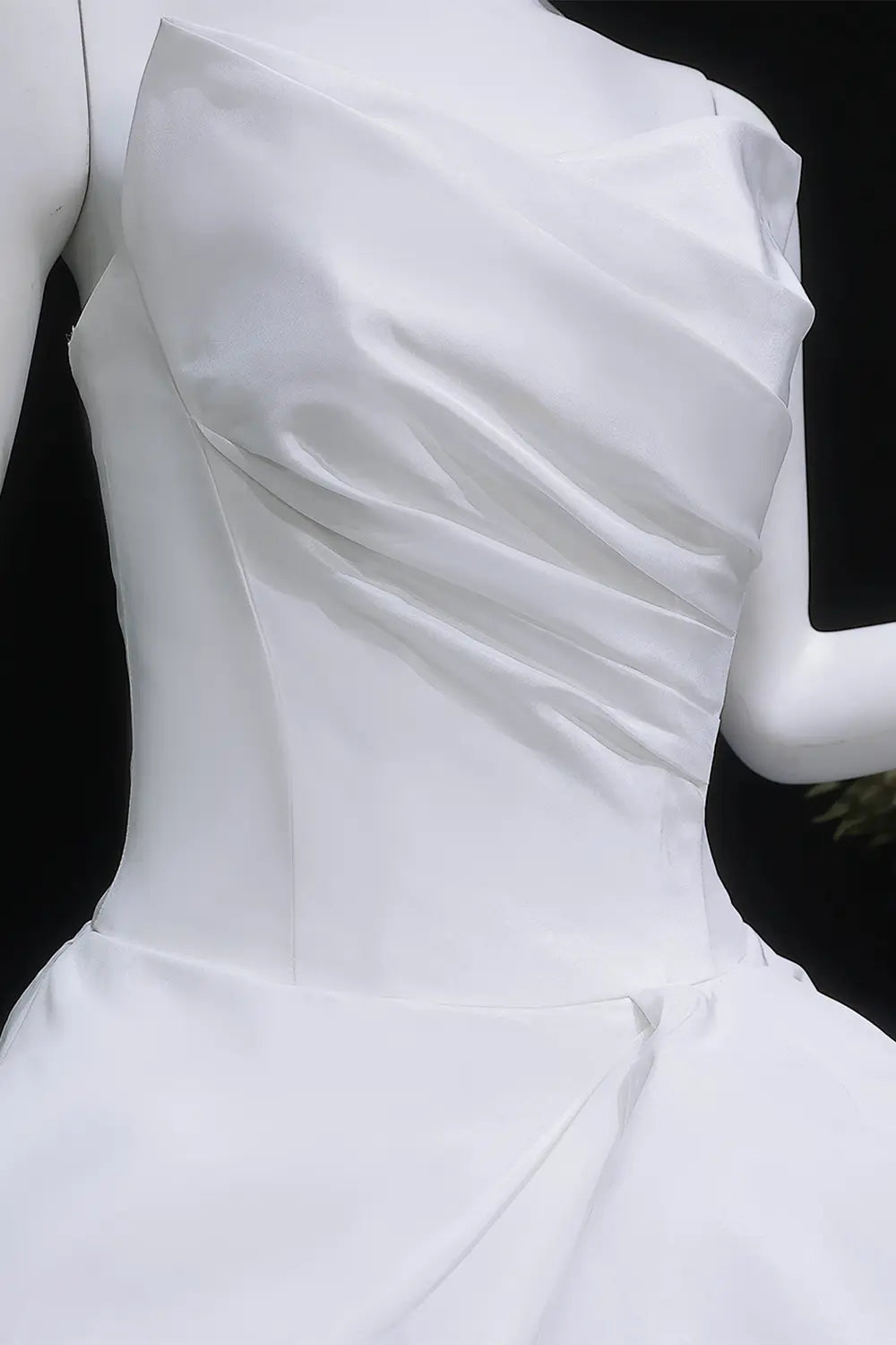 White Strapless Cascading Ruffle Satin Ball Gown Wedding Dress SW628 Sheer Fairy