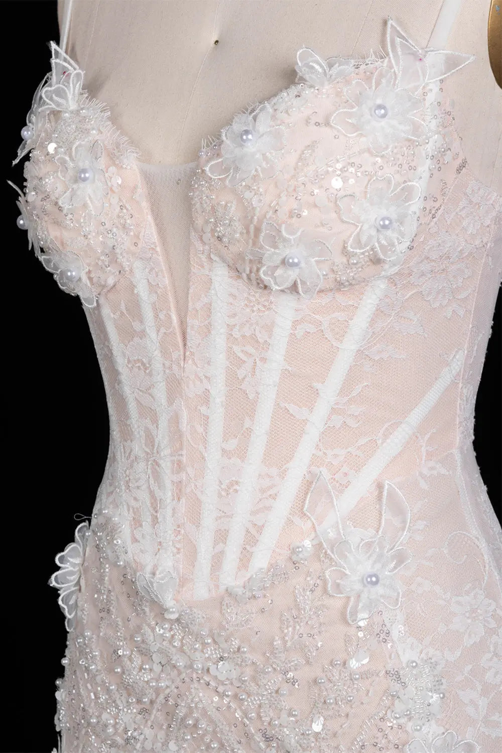 White Floral Applique Corset Evening Gown ST104 Sheer Fairy