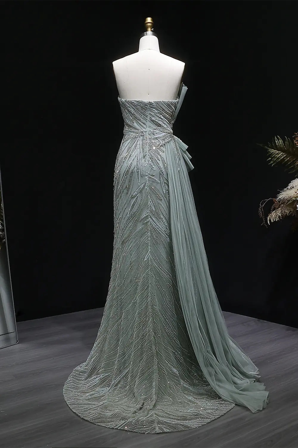 Sage Green One-Shoulder Beaded Tulle Mermaid Prom Dress Evening Gown with Ruffle SH064 Sheer Fairy