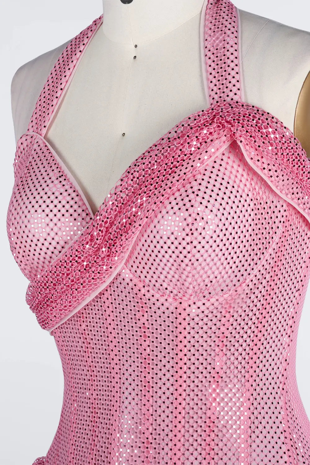 Pink Sequin Halter Corset High Slit Maxi Evening Dress ST036 Sheer Fairy