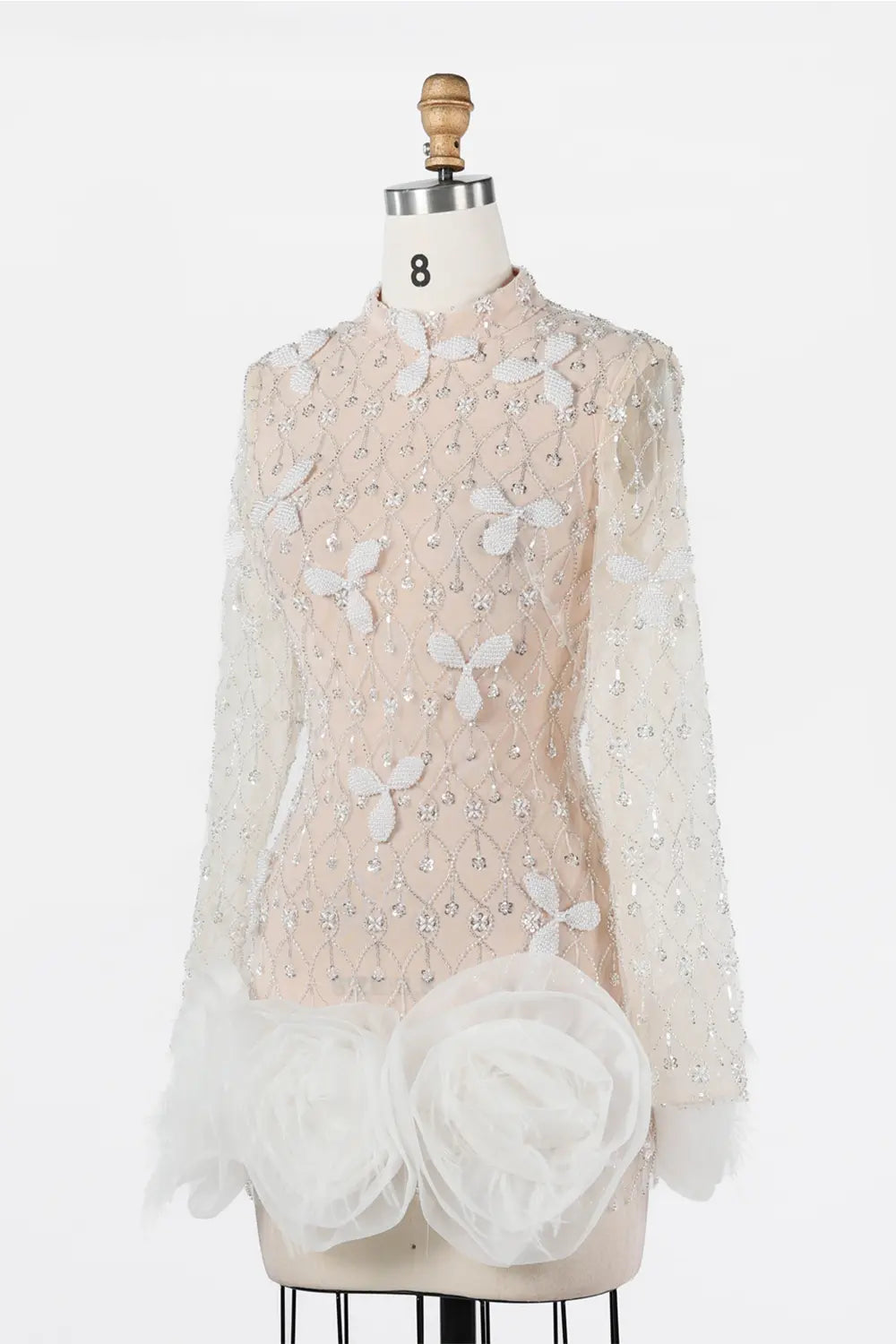 White Nude Long Sleeve Beaded 3D Floral Hem Mini Evening Dress ST037 Sheer Fairy