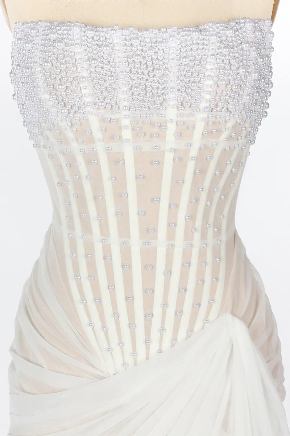 White Strapless Beaded Corset Draped Mini Dress ST089 Sheer Fairy