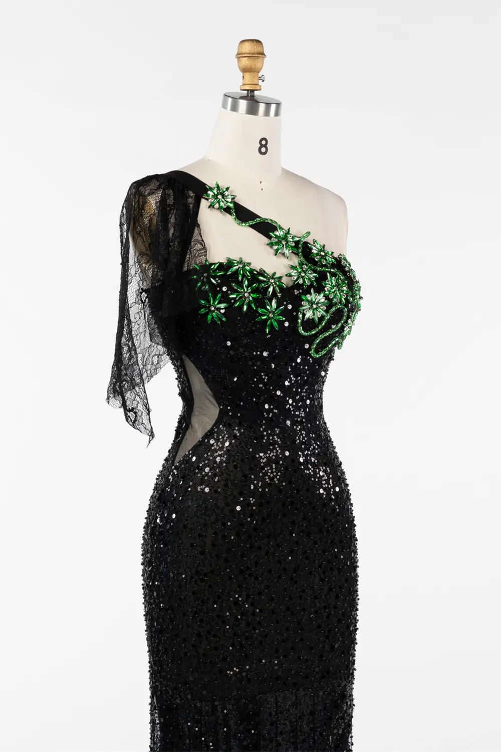 Black One Shoulder Sequin Evening Gown with Green Floral Detail ST048 Sheer Fairy