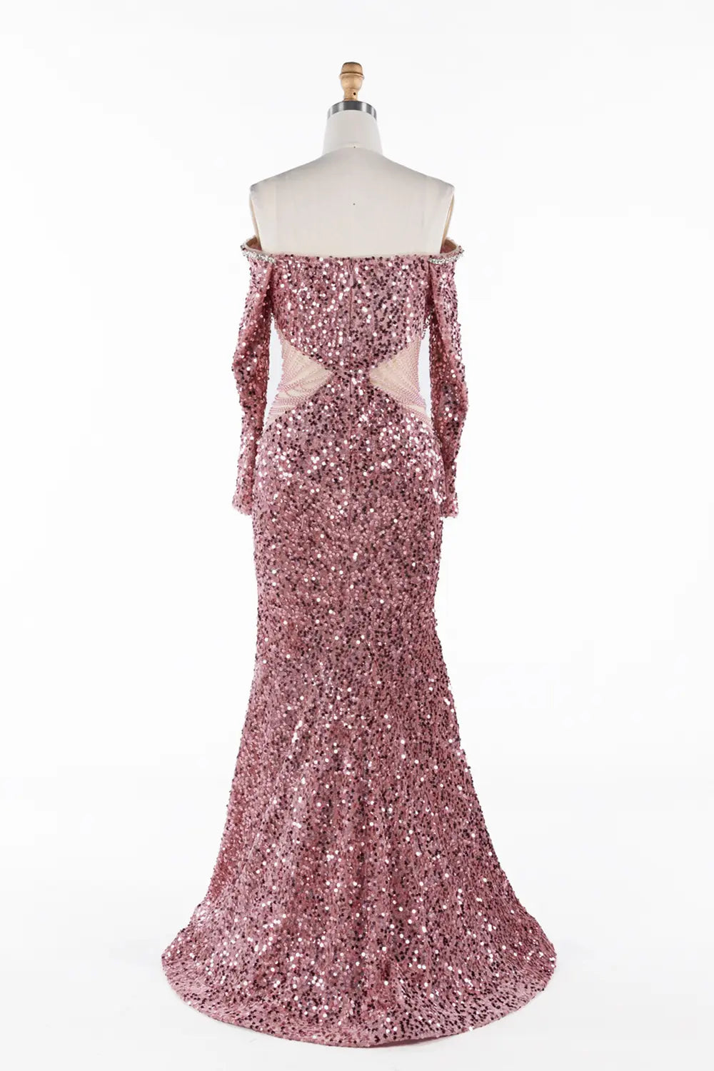 Elegant Pink Beaded Off Shoulder Sequin Evening Dress ST054 Sheer Fairy