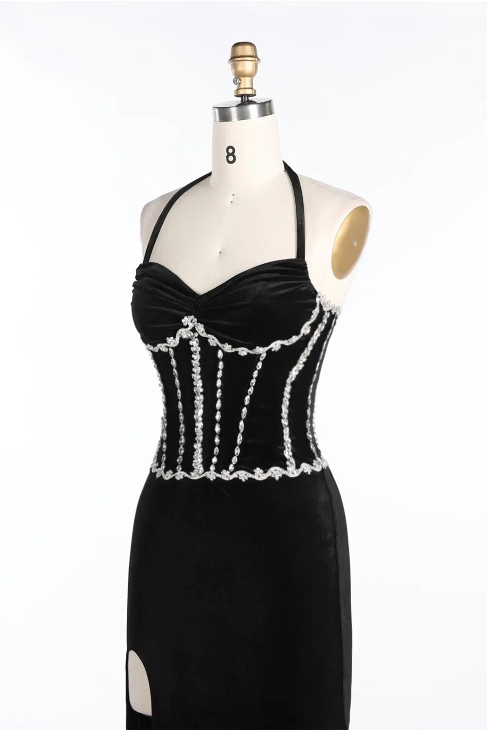 Black Halter Corset Slit Velvet Evening Dress ST094 Sheer Fairy