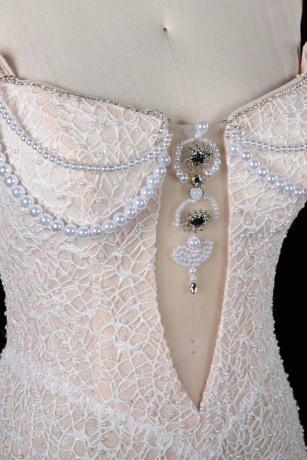 White Pearl Beaded Strapless Evening Dress ST102 Sheer Fairy