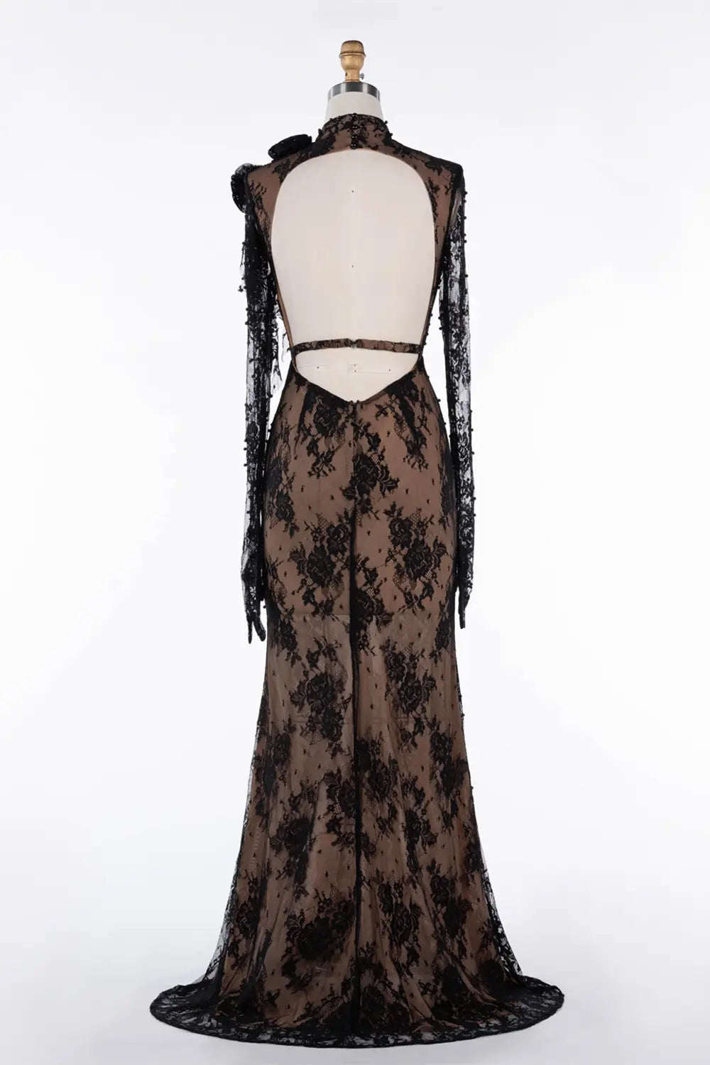 Black Lace Floral Applique Mermaid Formal Dress ST043 Sheer Fairy