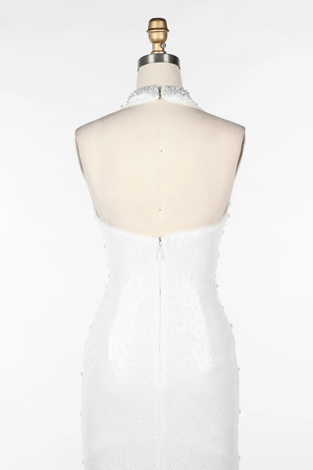 White Halter Pearl Beaded Backless Evening Dress ST091 Sheer Fairy