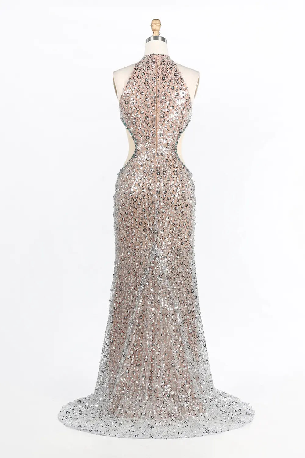 Champagne Halter Cutout Sequin Mermaid Evening Dress ST038 Sheer Fairy