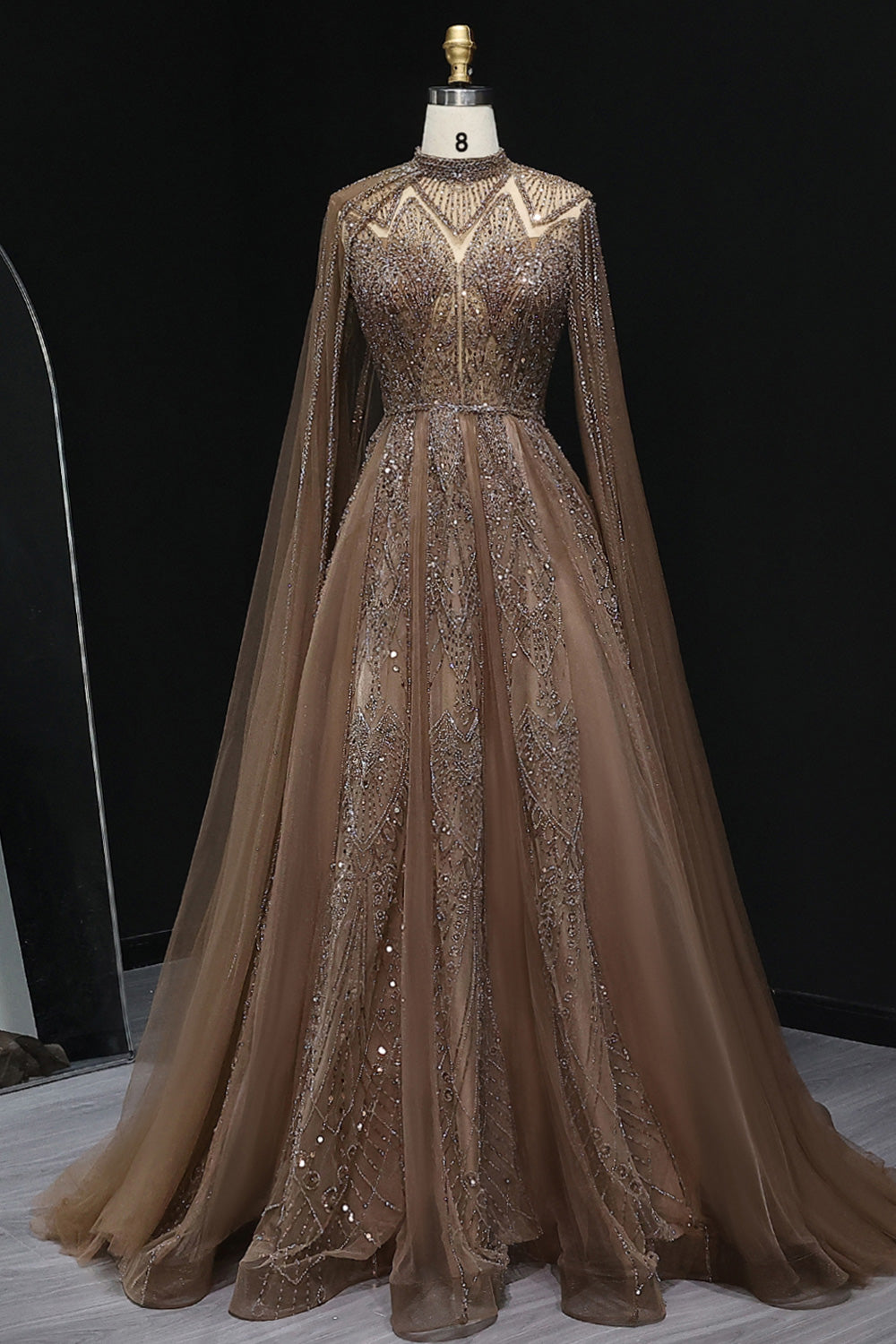 Luxury Brown Beaded Evening Gown with Cape Sleeves SS050 Sheer Fairy