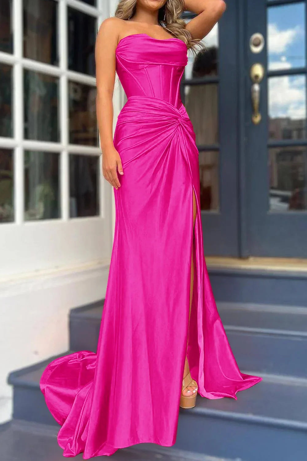 Elegant Strapless Mermaid Satin Long Prom Dress With Slit 2025 Long Girls Birthday Party Gowns