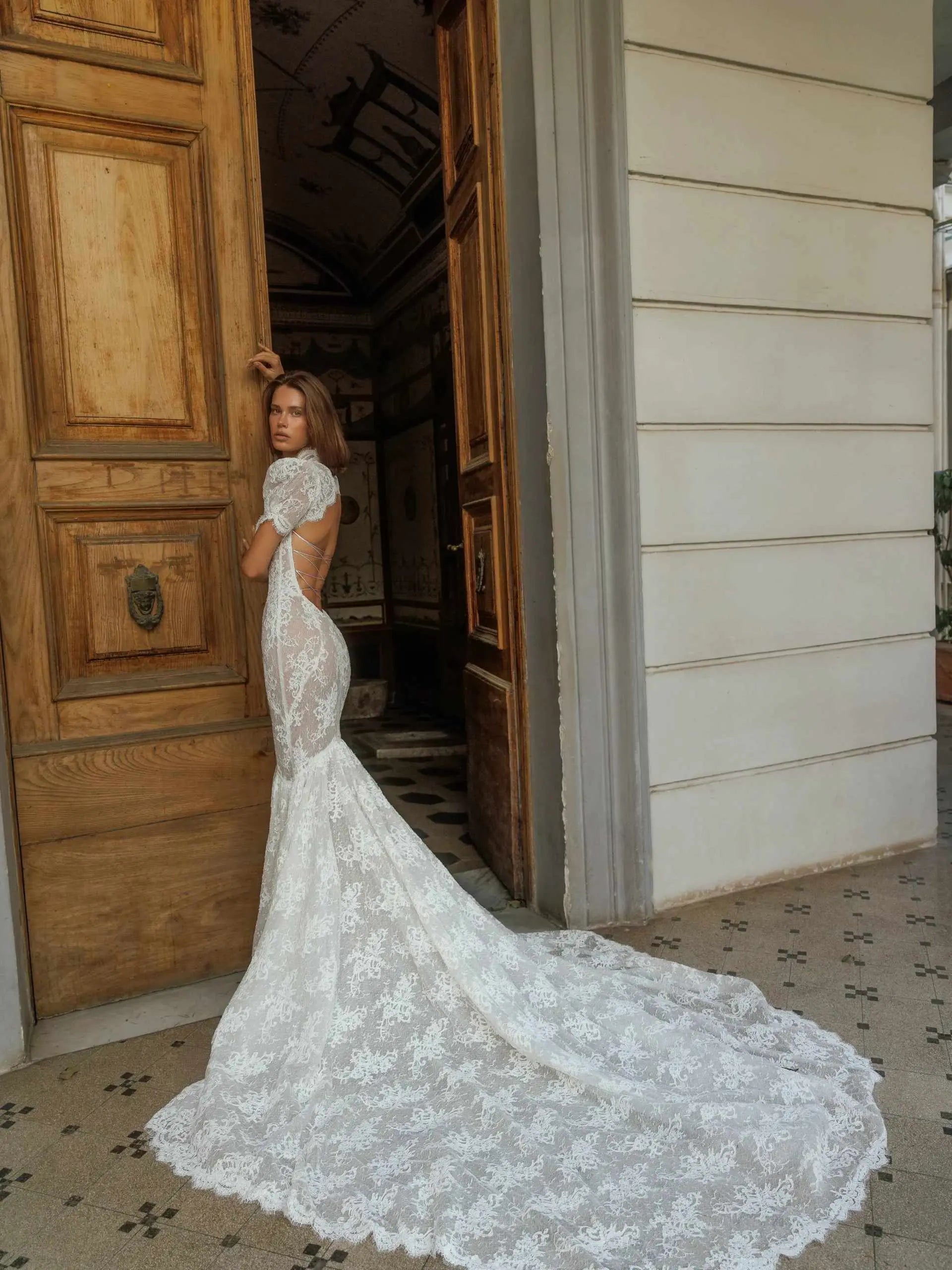 Vintage-Inspired Lace Mermaid Wedding Dress with Puffed Short Sleeves SW180 Sheer Fairy
