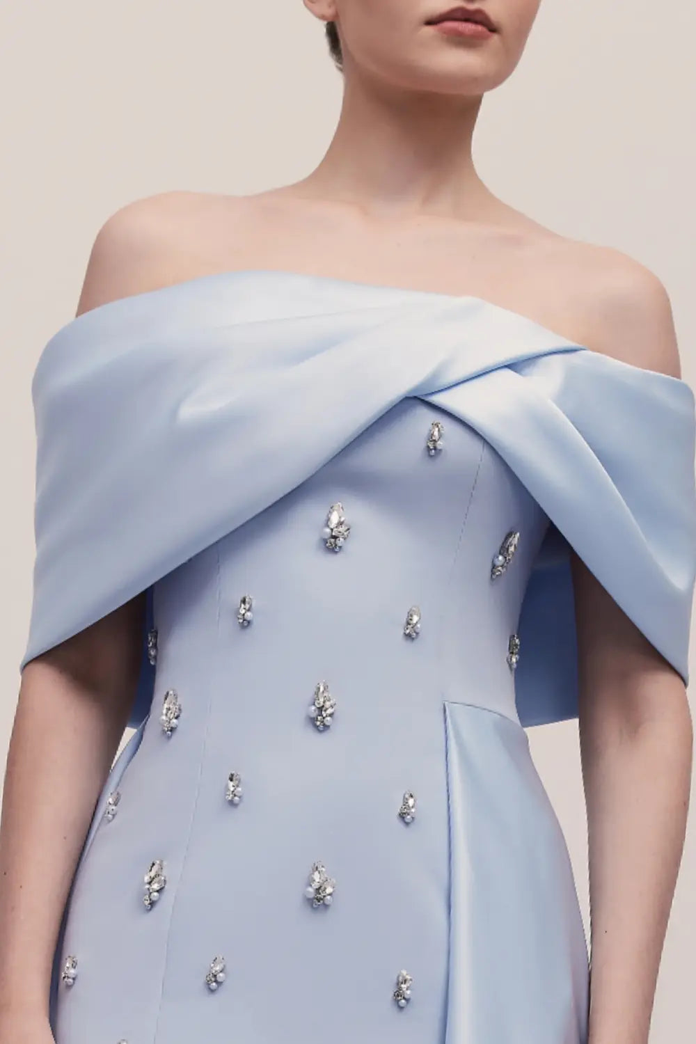 Asymmetric Off-the-Shoulder Dusty Blue Satin Evening Dress SF301 Sheer Fairy