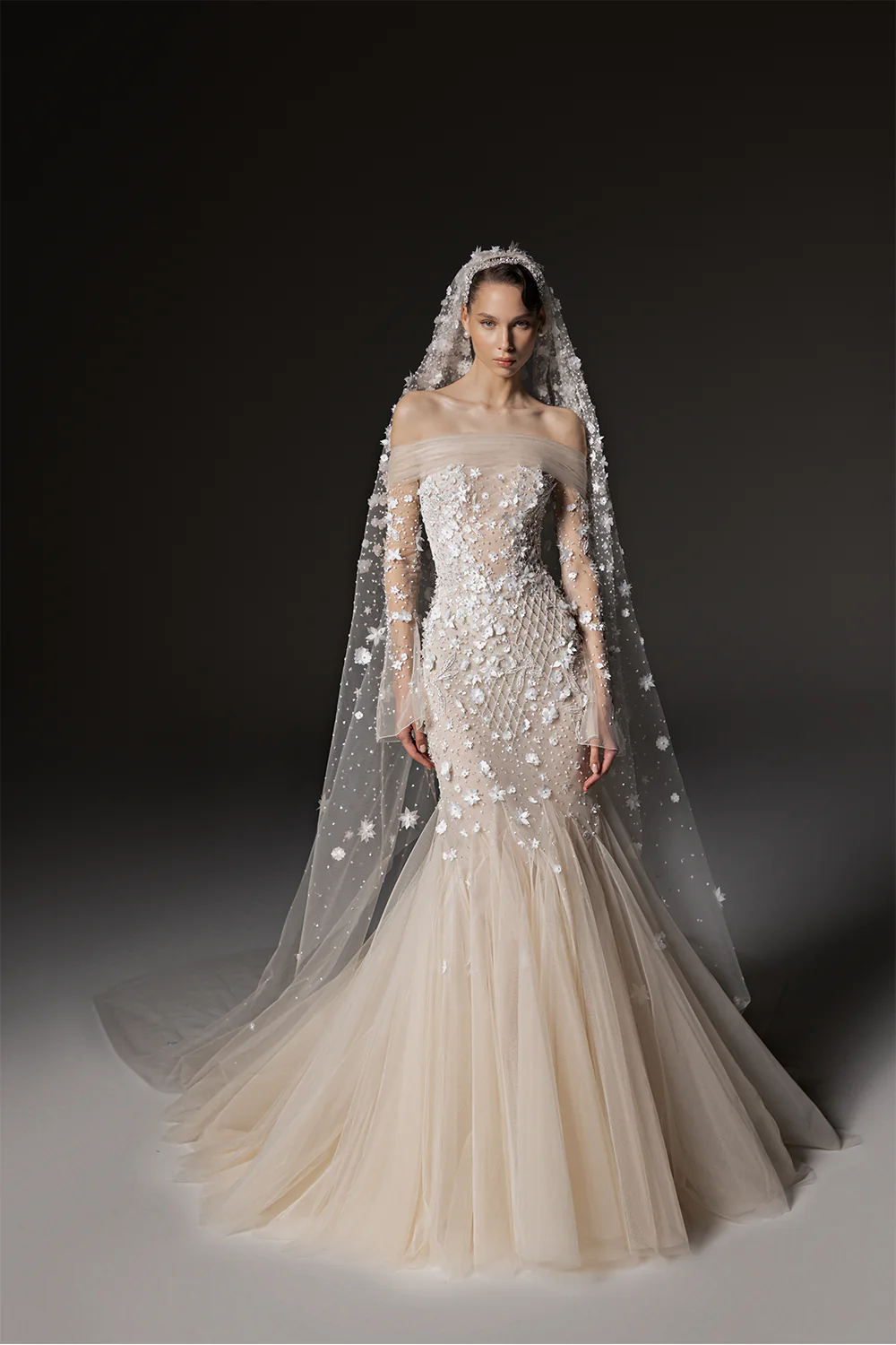 Elegant Champagne Floral Tulle Mermaid Off the Shoulder Wedding Dress with Long Sleeve SW670 Sheer Fairy