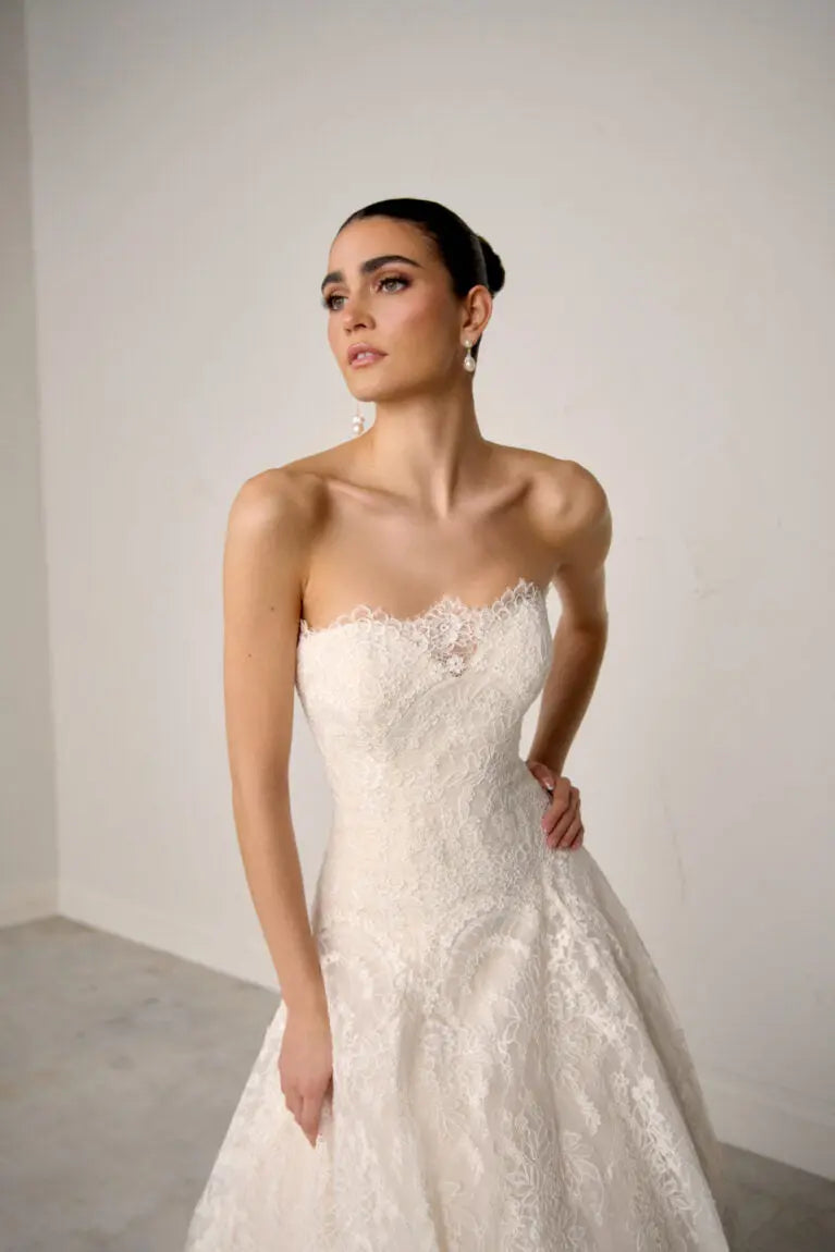 White Strapless Sweetheart Lace Wedding Gown SW700 Sheer Fairy