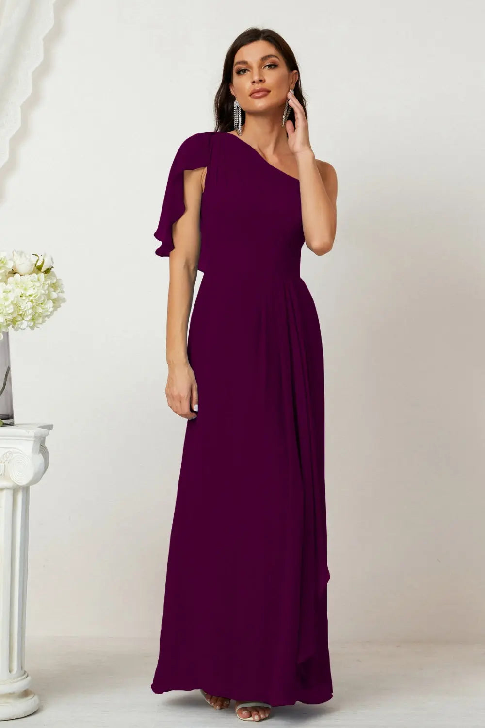 Dusty Blue One-Shoulder Chiffon A-Line Bridesmaid Dress BS028 Sheer Fairy